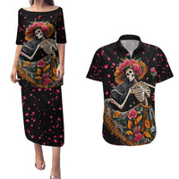 Day of Dead Lady Couples Matching Puletasi Dress and Hawaiian Shirt Sugar Skull Lady Dancing - Wonder Print Shop