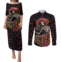 Day of Dead Lady Couples Matching Puletasi Dress and Long Sleeve Button Shirt Sugar Skull Lady Dancing - Wonder Print Shop