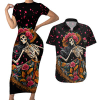 Day of Dead Lady Couples Matching Short Sleeve Bodycon Dress and Hawaiian Shirt Sugar Skull Lady Dancing - Wonder Print Shop