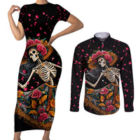 Day of Dead Lady Couples Matching Short Sleeve Bodycon Dress and Long Sleeve Button Shirt Sugar Skull Lady Dancing - Wonder Print Shop
