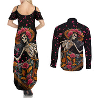 Day of Dead Lady Couples Matching Summer Maxi Dress and Long Sleeve Button Shirt Sugar Skull Lady Dancing - Wonder Print Shop