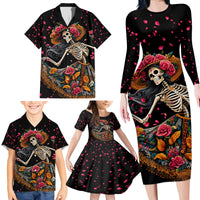Day of Dead Lady Family Matching Long Sleeve Bodycon Dress and Hawaiian Shirt Sugar Skull Lady Dancing - Wonder Print Shop