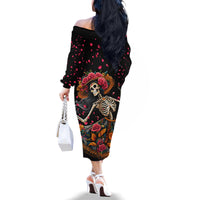 Day of Dead Lady Family Matching Off Shoulder Long Sleeve Dress and Hawaiian Shirt Sugar Skull Lady Dancing - Wonder Print Shop