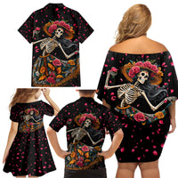 Day of Dead Lady Family Matching Off Shoulder Short Dress and Hawaiian Shirt Sugar Skull Lady Dancing - Wonder Print Shop
