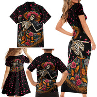 Day of Dead Lady Family Matching Short Sleeve Bodycon Dress and Hawaiian Shirt Sugar Skull Lady Dancing - Wonder Print Shop