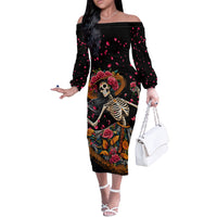 Day of Dead Lady Off The Shoulder Long Sleeve Dress Sugar Skull Lady Dancing - Wonder Print Shop