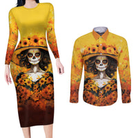 Day of Dead Lady Couples Matching Long Sleeve Bodycon Dress and Long Sleeve Button Shirt Sugar Skull Lady Sunflower - Wonder Print Shop