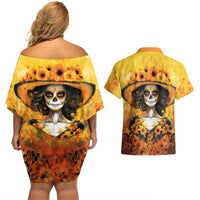 Day of Dead Lady Couples Matching Off Shoulder Short Dress and Hawaiian Shirt Sugar Skull Lady Sunflower - Wonder Print Shop