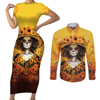 Day of Dead Lady Couples Matching Short Sleeve Bodycon Dress and Long Sleeve Button Shirt Sugar Skull Lady Sunflower - Wonder Print Shop