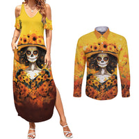 Day of Dead Lady Couples Matching Summer Maxi Dress and Long Sleeve Button Shirt Sugar Skull Lady Sunflower - Wonder Print Shop