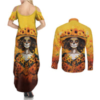 Day of Dead Lady Couples Matching Summer Maxi Dress and Long Sleeve Button Shirt Sugar Skull Lady Sunflower - Wonder Print Shop