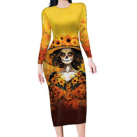 Day of Dead Lady Family Matching Long Sleeve Bodycon Dress and Hawaiian Shirt Sugar Skull Lady Sunflower - Wonder Print Shop