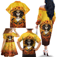 Day of Dead Lady Family Matching Off Shoulder Long Sleeve Dress and Hawaiian Shirt Sugar Skull Lady Sunflower - Wonder Print Shop