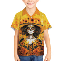 Day of Dead Lady Family Matching Off Shoulder Long Sleeve Dress and Hawaiian Shirt Sugar Skull Lady Sunflower - Wonder Print Shop
