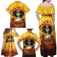 Day of Dead Lady Family Matching Off Shoulder Maxi Dress and Hawaiian Shirt Sugar Skull Lady Sunflower - Wonder Print Shop