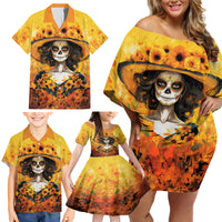 Day of Dead Lady Family Matching Off Shoulder Short Dress and Hawaiian Shirt Sugar Skull Lady Sunflower - Wonder Print Shop