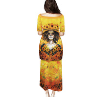 Day of Dead Lady Family Matching Puletasi Dress and Hawaiian Shirt Sugar Skull Lady Sunflower - Wonder Print Shop