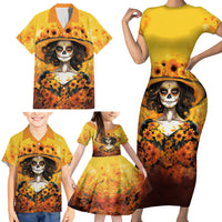Day of Dead Lady Family Matching Short Sleeve Bodycon Dress and Hawaiian Shirt Sugar Skull Lady Sunflower - Wonder Print Shop