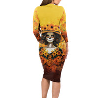 Day of Dead Lady Long Sleeve Bodycon Dress Sugar Skull Lady Sunflower - Wonder Print Shop