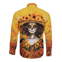 Day of Dead Lady Long Sleeve Button Shirt Sugar Skull Lady Sunflower - Wonder Print Shop