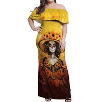 Day of Dead Lady Off Shoulder Maxi Dress Sugar Skull Lady Sunflower - Wonder Print Shop