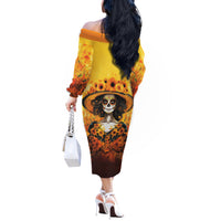Day of Dead Lady Off The Shoulder Long Sleeve Dress Sugar Skull Lady Sunflower - Wonder Print Shop