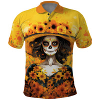 Day of Dead Lady Polo Shirt Sugar Skull Lady Sunflower - Wonder Print Shop