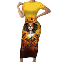 Day of Dead Lady Short Sleeve Bodycon Dress Sugar Skull Lady Sunflower - Wonder Print Shop