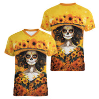 Day of Dead Lady Women V Neck T Shirt Sugar Skull Lady Sunflower - Wonder Print Shop