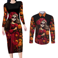 Day of Dead Girl Couples Matching Long Sleeve Bodycon Dress and Long Sleeve Button Shirt Sugar Skull Girl Rose And Marigold - Wonder Print Shop