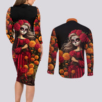 Day of Dead Girl Couples Matching Long Sleeve Bodycon Dress and Long Sleeve Button Shirt Sugar Skull Girl Rose And Marigold - Wonder Print Shop
