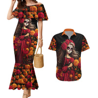 Day of Dead Girl Couples Matching Mermaid Dress and Hawaiian Shirt Sugar Skull Girl Rose And Marigold - Wonder Print Shop