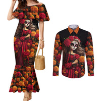 day-of-dead-girl-couples-matching-mermaid-dress-and-long-sleeve-button-shirt-sugar-skull-girl-rose-and-marigold