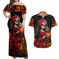 Day of Dead Girl Couples Matching Off Shoulder Maxi Dress and Hawaiian Shirt Sugar Skull Girl Rose And Marigold - Wonder Print Shop