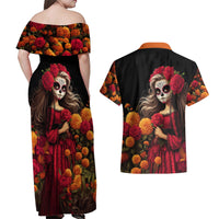 Day of Dead Girl Couples Matching Off Shoulder Maxi Dress and Hawaiian Shirt Sugar Skull Girl Rose And Marigold - Wonder Print Shop