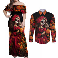 Day of Dead Girl Couples Matching Off Shoulder Maxi Dress and Long Sleeve Button Shirt Sugar Skull Girl Rose And Marigold - Wonder Print Shop