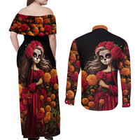 Day of Dead Girl Couples Matching Off Shoulder Maxi Dress and Long Sleeve Button Shirt Sugar Skull Girl Rose And Marigold - Wonder Print Shop