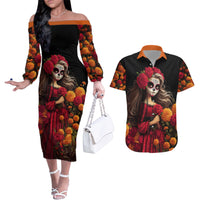 Day of Dead Girl Couples Matching Off The Shoulder Long Sleeve Dress and Hawaiian Shirt Sugar Skull Girl Rose And Marigold - Wonder Print Shop