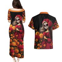 Day of Dead Girl Couples Matching Puletasi Dress and Hawaiian Shirt Sugar Skull Girl Rose And Marigold - Wonder Print Shop