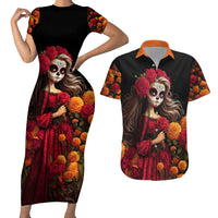 Day of Dead Girl Couples Matching Short Sleeve Bodycon Dress and Hawaiian Shirt Sugar Skull Girl Rose And Marigold - Wonder Print Shop