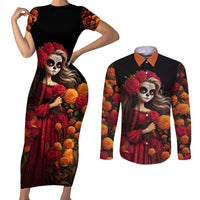 Day of Dead Girl Couples Matching Short Sleeve Bodycon Dress and Long Sleeve Button Shirt Sugar Skull Girl Rose And Marigold - Wonder Print Shop