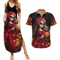 Day of Dead Girl Couples Matching Summer Maxi Dress and Hawaiian Shirt Sugar Skull Girl Rose And Marigold - Wonder Print Shop