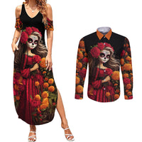 Day of Dead Girl Couples Matching Summer Maxi Dress and Long Sleeve Button Shirt Sugar Skull Girl Rose And Marigold - Wonder Print Shop