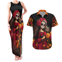 Day of Dead Girl Couples Matching Tank Maxi Dress and Hawaiian Shirt Sugar Skull Girl Rose And Marigold - Wonder Print Shop