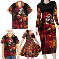Day of Dead Girl Family Matching Long Sleeve Bodycon Dress and Hawaiian Shirt Sugar Skull Girl Rose And Marigold - Wonder Print Shop