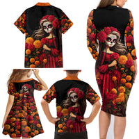 Day of Dead Girl Family Matching Long Sleeve Bodycon Dress and Hawaiian Shirt Sugar Skull Girl Rose And Marigold - Wonder Print Shop