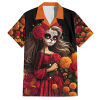 Day of Dead Girl Family Matching Off Shoulder Long Sleeve Dress and Hawaiian Shirt Sugar Skull Girl Rose And Marigold - Wonder Print Shop