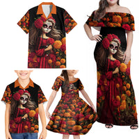 Day of Dead Girl Family Matching Off Shoulder Maxi Dress and Hawaiian Shirt Sugar Skull Girl Rose And Marigold - Wonder Print Shop