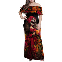 Day of Dead Girl Family Matching Off Shoulder Maxi Dress and Hawaiian Shirt Sugar Skull Girl Rose And Marigold - Wonder Print Shop