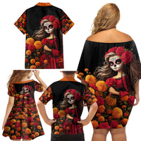 Day of Dead Girl Family Matching Off Shoulder Short Dress and Hawaiian Shirt Sugar Skull Girl Rose And Marigold - Wonder Print Shop